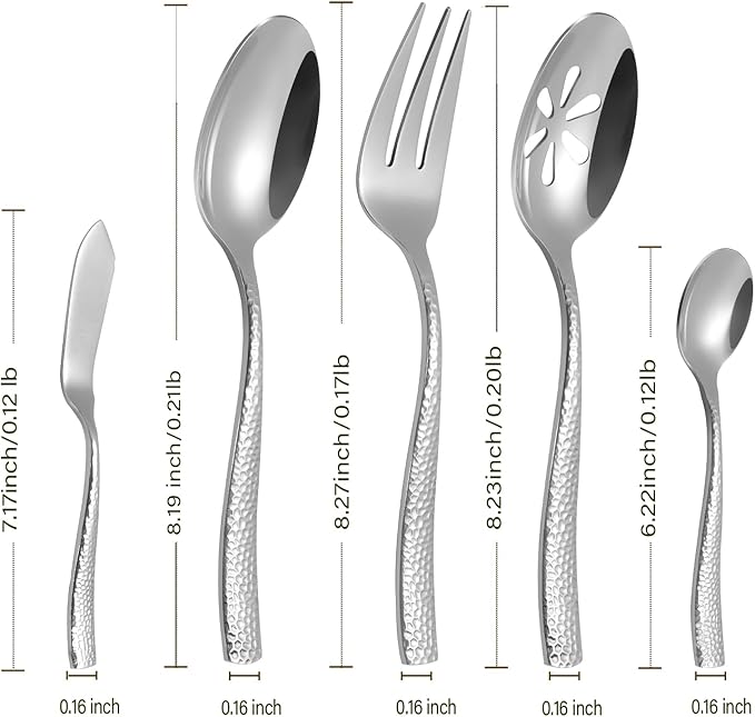 Silverware 45-Piece Silver Hammered Flatware Set with Serving Utensils Stainless Steel Thick Handle Mirror Polished Cutlery Set for Wedding Hotel Restaurant, Service for 8-Ruum Studio Home