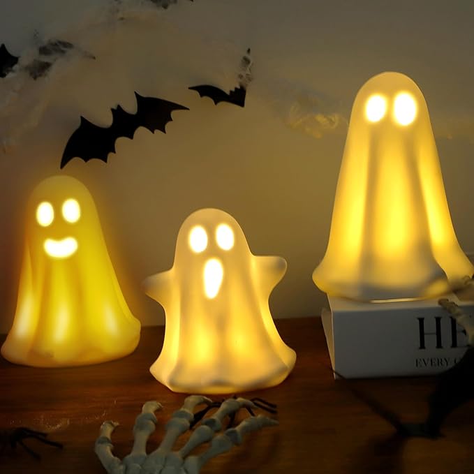 [Timer] Light Up Ghost Halloween Decor, 3 Pcs Ceramic Halloween Ghost Decorations Indoor, Cute White Ghost Figurines Statue for Indoor Decor Home Table (A)-Ruum Studio Home