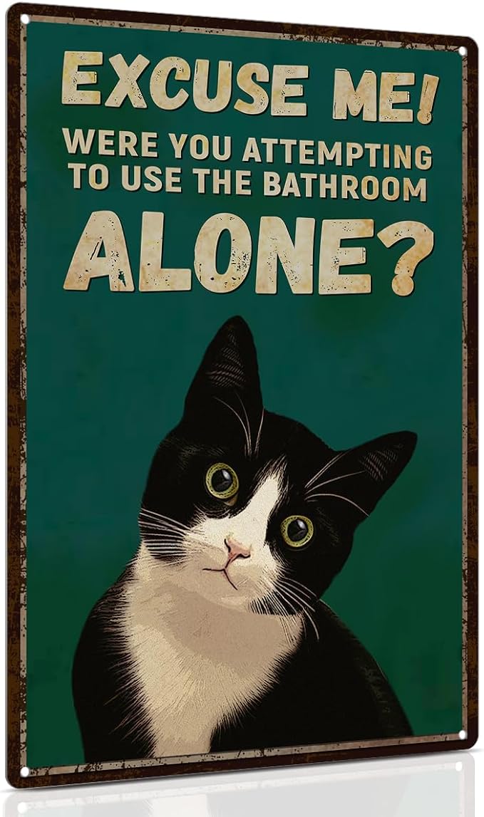 ALKB Funny Tuxedo Cat Metal Signs Black Cat Metal Poster Tuxedo Cat Lover Gift Vintage Bathroom Wall Decor 8 x 12 Inch-Ruum Studio Home