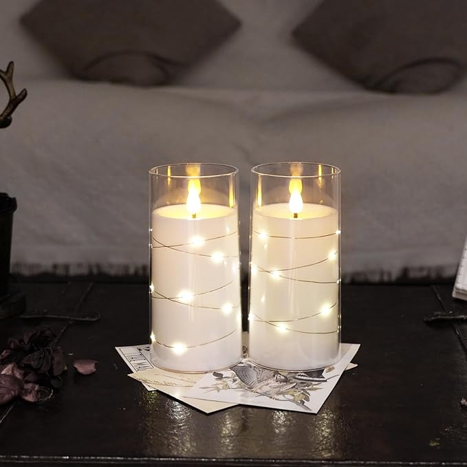 NURADA Flickering Flameless Candles: Built-in Star String Lights, Acrylic Battery Operated LED Pillar Candles with Remote and Timer for Romantic Mood Home Decoration - 2 Pack Pure White-Ruum Studio Home
