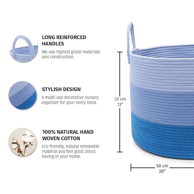 OrganiHaus Toy Storage Basket for Kids, Large Cotton Rope Organizer Bin for Nursery, Toy Box, Blanket Holder, Baby Hamper for Living Room, Soft & Washable, 20x13 inches - Blue-Ruum Studio Home