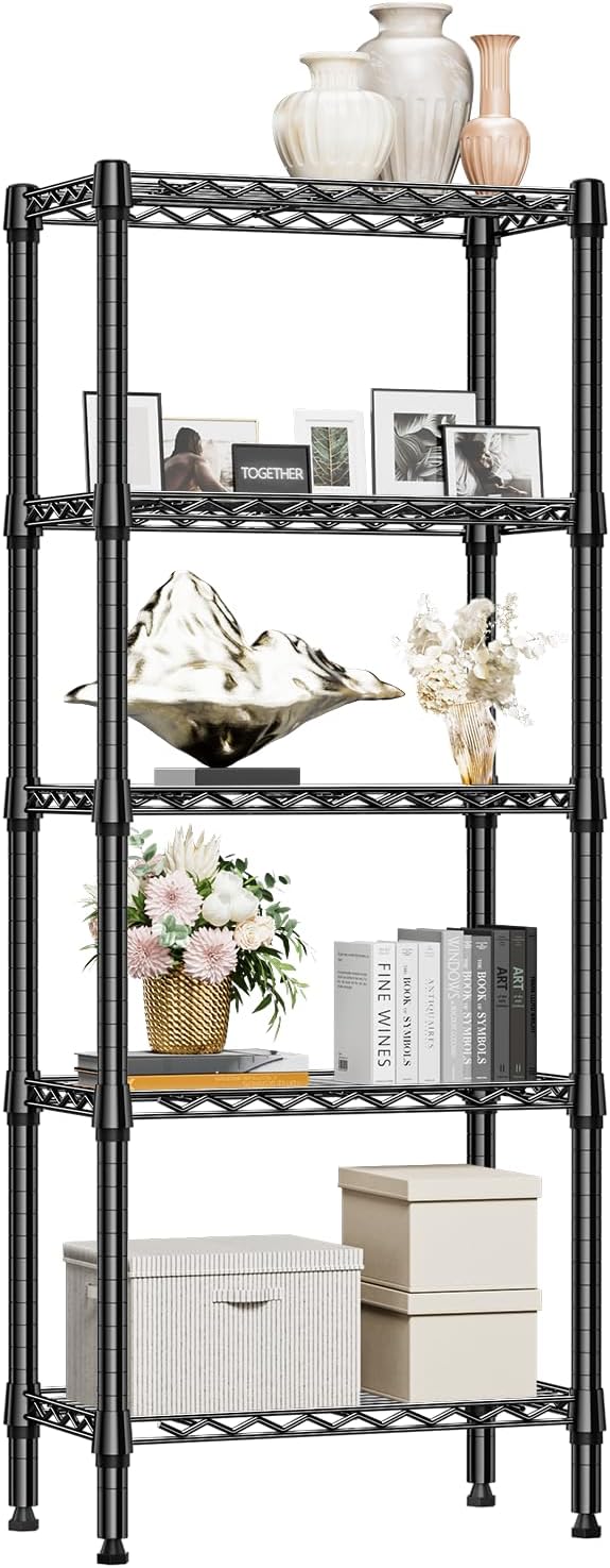 1250 lbs 5 Tier Shelf Metal Storage Shelves Wire Rack Closet Organizers for Garage Kitchen Bathroom Laundry Black 11.8" D x 23.6" W x 59.5" H-Ruum Studio Home