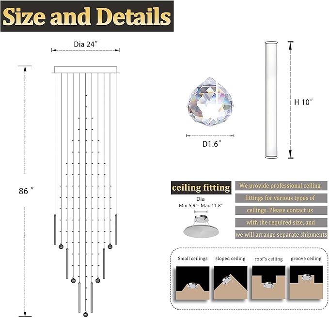 Flashing God D24''XH86'' Modern Foyer Chandelier for High Ceiling Raindrop Crystal Chandelier High Ceiling Pendant Light Fixture for Hallway Living Room (Black Staircase Chandeliers)-Ruum Studio Home