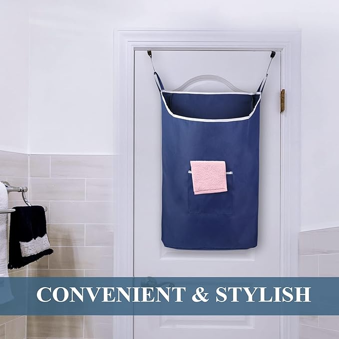 Fine Living Co. Large Hanging Laundry Hamper with Over Door Hooks & Adhesive, Durable Space Saving Laundry Bag with Zipper and Wide Open Top, Hanging Dorm Laundry Hamper (Navy Blue-XL)-Ruum Studio Home