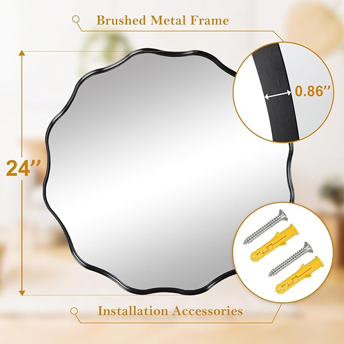 Fabuady Black Round Wavy Edge Mirror - 24'' Circle Wall Mirror with Metal Frame, Decorative Hanging/Leaning Mirror for Bathroom, Bedroom, Living Room, Hallway, Entryway, Office, Home Decor-Ruum Studio Home