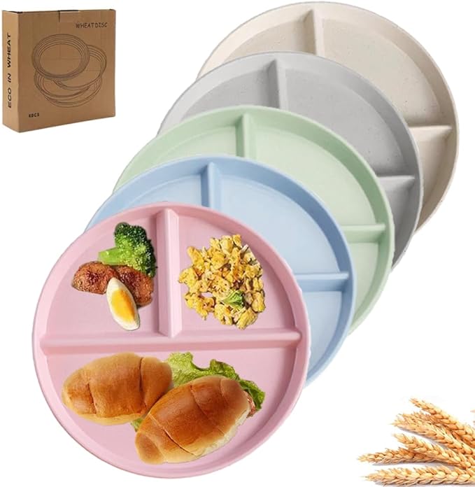 9" Unbreakable Divided Plates Set of 5, Wheat Straw Plate Reusable Dinnerware Portion Control Plates, Round Bariatric Plastic Plate for Kids Adults, BPA-free, Dishwasher Safe-Ruum Studio Home