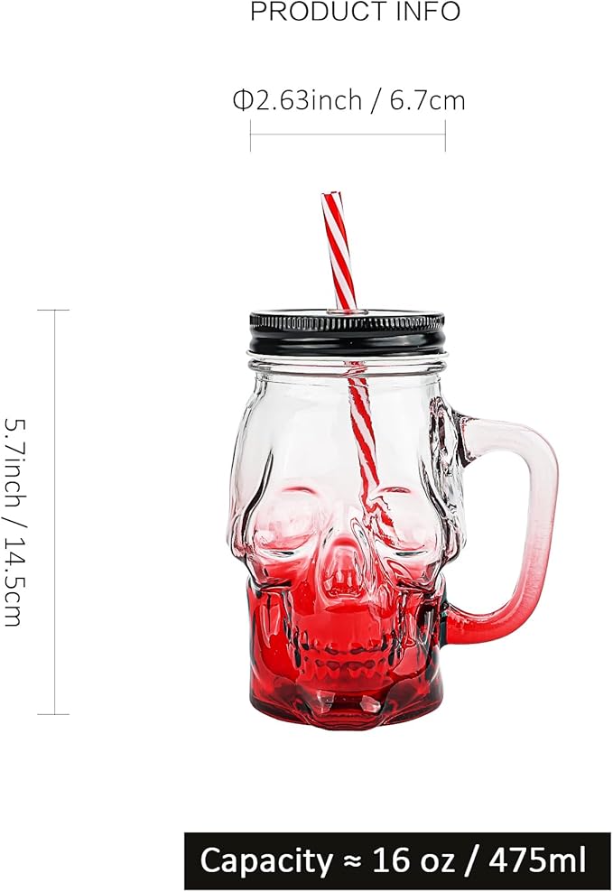 Halloween Cups Set of 4 - Skull Mason Jar with Lids Straws and Handle - Colorful Drinking Glasses for Halloween Party Bar Decor, 16 oz-Ruum Studio Home