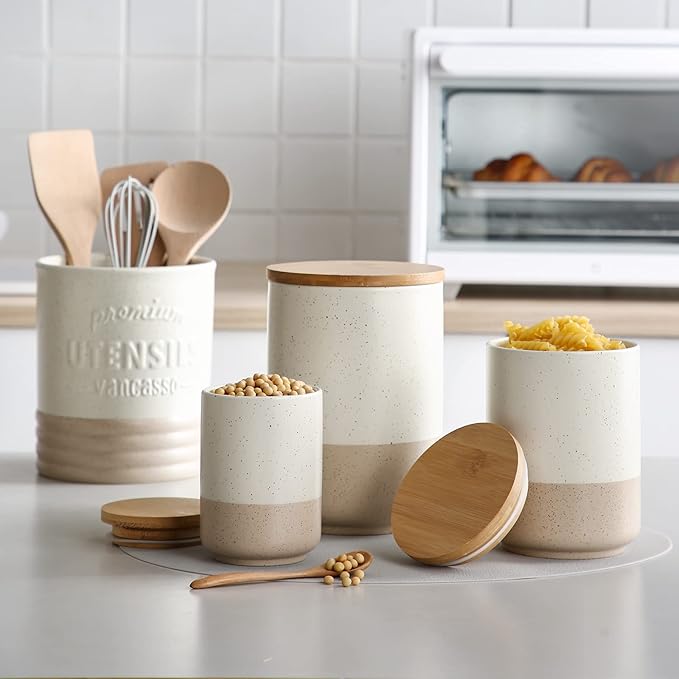 vancasso Sabine Small Ceramic Canister with Airtight Wood Lid - 18 oz Kitchen Storage for Coffee, Sugar, Tea & Spices - Compact Countertop Jar-Ruum Studio Home