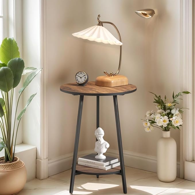 Side Table - Round Accent End Tables - Vintage Wood Color Tables for Sofa Living Room Bedroom Bedside Coffee Small Spaces - Waterproof Metal Frame, Scratch-Resistant - Easy Assembly-Ruum Studio Home