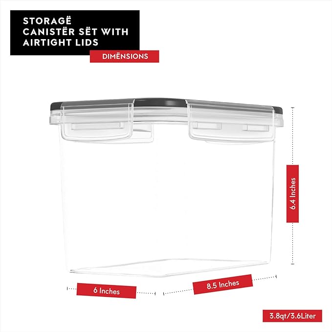 DWËLLZA KITCHEN Flour Sugar Storage Containers Set of 4; 3.6l Plastic Airtight Food Storage Containers with Lids for Kitchen Pantry Organization and Storage - Dry Food Containers, Labels & Marker-Ruum Studio Home