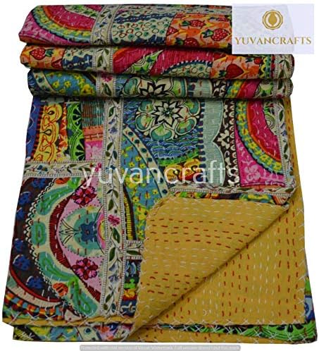 YUVANCRAFTS Patchwork Cotton Kantha Quilt - Indian Traditional Handmade Bedding Vintage Multi Color Quilt Blanket (Queen (90"x108"), Multi Patch 1)-Ruum Studio Home
