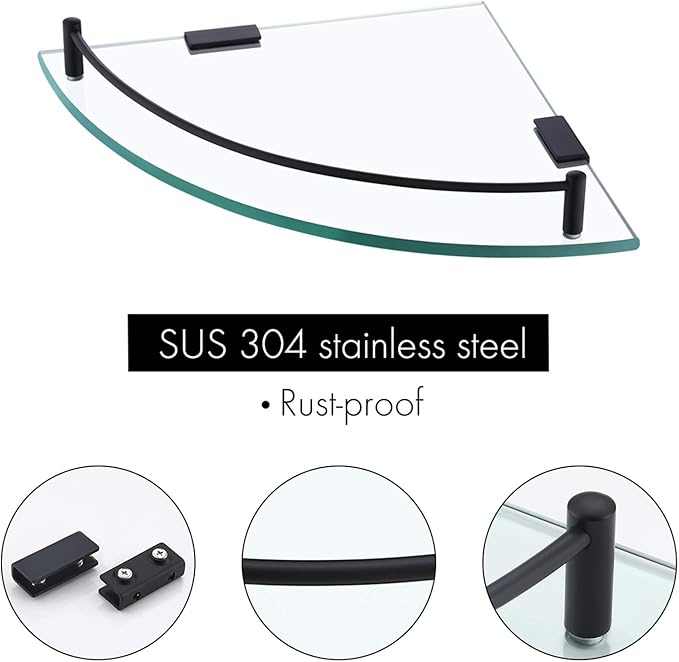 KES Bathroom Glass Corner Shelf Tempered Glass Shelf with Rail Wall Mount Corner Shelf SUS 304 Stainless Steel Matte Black 2 Pack, BGS2101A-BK-P2-Ruum Studio Home