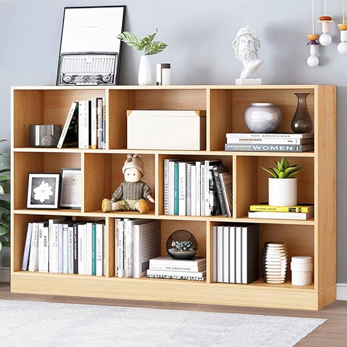 IOTXY Open Shelf Low Bookcase - Wooden 3-Tier Floor Standing Display Cabinet Organizer with Base, 10 Cubes Short Horizontal Bookshelf in Pear Yellow-Ruum Studio Home
