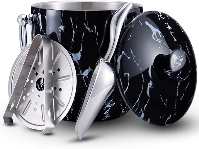 Ice Bucket with Lid, Scoop, Tongs and Strainer - Well Made Insulated Stainless Steel Keep Ice Frozen Longer - Ideal for Cocktail Bar, Parties, Chilling Wine, Champagne - 3 Liter (Black Marble)-Ruum Studio Home