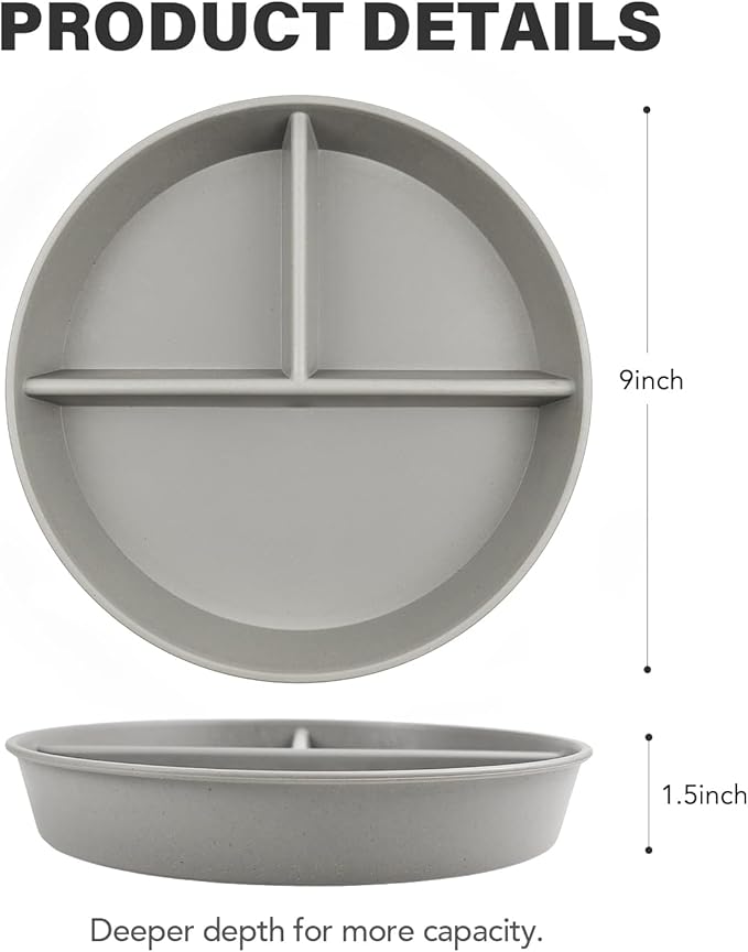 greenandlife 9 Inch 4PCS Divided Plates with Lids, Portion Control Plates for Kids Adults, Dishwasher Microwave Safe Compartment Plate, Unbreakable Lightweight Reusable Wheat Straw Plate, Grey Black-Ruum Studio Home