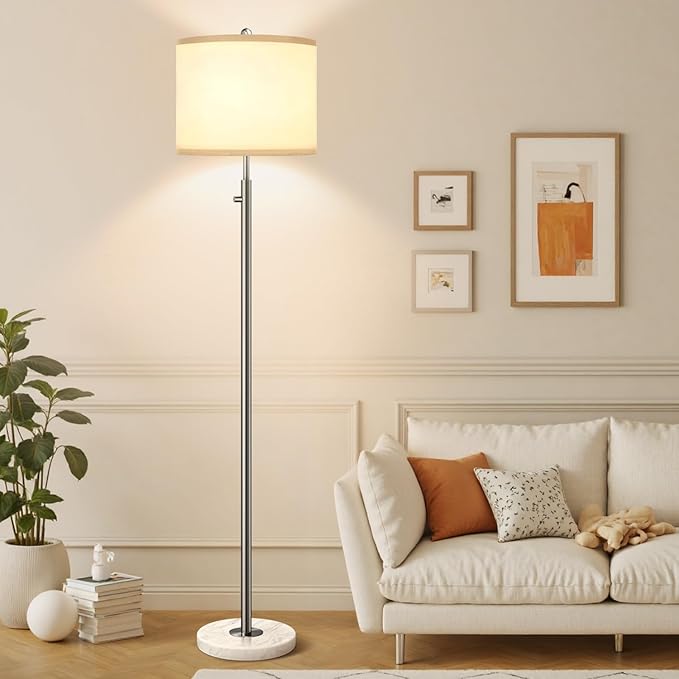 【Upgraded】 Dimmable Floor Lamp for Living Room, 11W LED Bulb Included, Modern Standing Lamp with Marble Base, Tall Pole Light with Linen Shade for Bedroom Reading Office Corner Nursery-Brushed Nickel-Ruum Studio Home