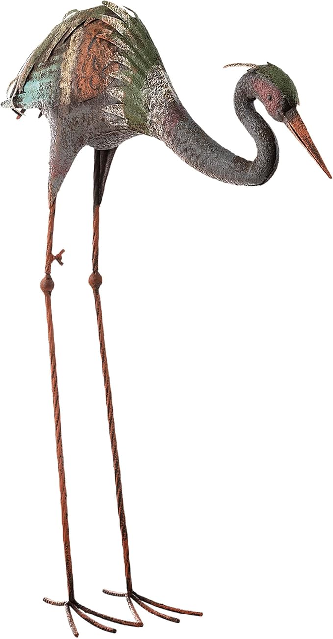 Alpine Corporation 30" Tall Outdoor Rustic Metal Bowing Crane Statue Yard Art Decoration-Ruum Studio Home