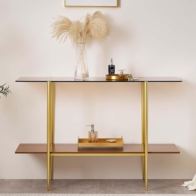 Extra Large Glass Console Table for Living Room, Foyer & Entrance, L47 x W16 x H31, Mid-Century Modern Sofa Table with Amber Glass Top, Walnut Finish Wood Top and Gold Finish Metal Frame-Ruum Studio Home