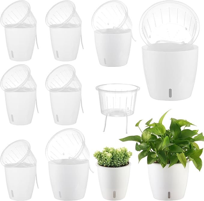 Self-Watering Pots for Indoor Plants, 8-Pack Self Watering Planter with Drainage Holes, Small African Violet Pots with Water Indicator, 5 Packs 5''/3 Pack 6.7'' Orchid Pot, White-Ruum Studio Home