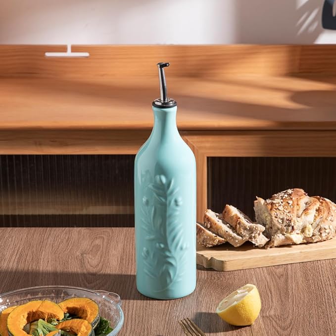 Sweejar Large Olive Oil Dispenser Bottle with Spout, 24 Oz Ceramic Oil Dispenser for Kitchen, Relief Opaque Oil Cruet, Oil Container for Cooking, EVOO, Avocado Oil, Vinegar, Pack of 1(Turquoise)-Ruum Studio Home