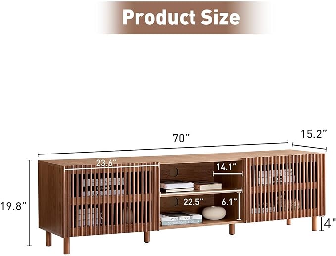 Bonzy Home 70" Mid Century Modern TV Stand, TV Console for TV up to 75", Slatted Entertainment Center with Storage and Open Shelves for Living Room, Bedroom, and Media Room-Ruum Studio Home