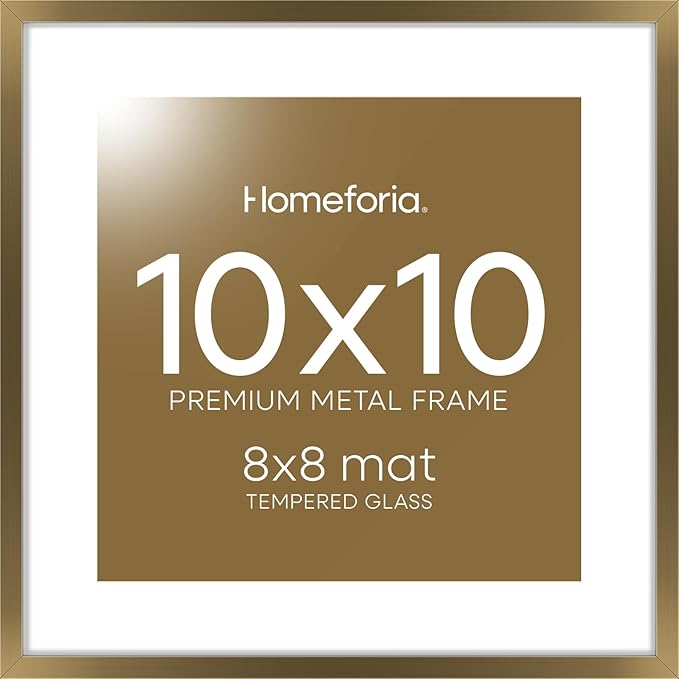 Homeforia 10x10 Picture Frame Bronze, High End Metal 10 by 10 Square Brass Frames with Mat 8 x 8 Photo, 10x10 Poster Frame Matted to 8x8 Art, Wall or Tabletop Frame, Tempered Glass, Wall Kit, Set of 1-Ruum Studio Home