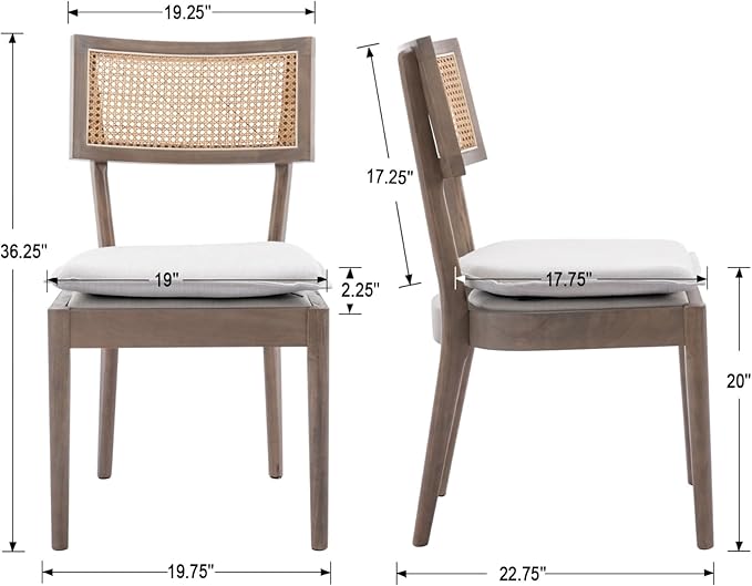 Rattan Dining Chairs Set Of 4 , Mid Century Modern Upholstered Cane Back Chairs with Removable Linen Cushion , Retro Farmhouse Natural Wooden Kitchen & Dining Room Chairs for Restaurant Living Room-Ruum Studio Home