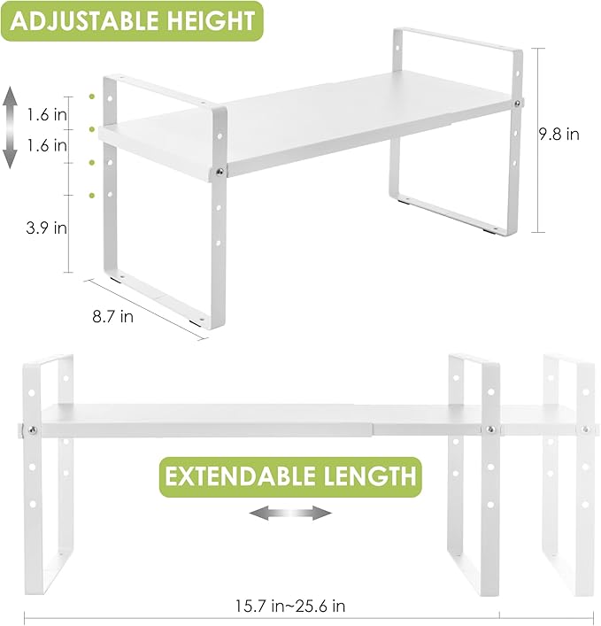 Expandable Cabinet Shelf Organizer Rack, Stackable Kitchen Counter Storage Shelves Stand, Adjustable Height Pantry Shelf Spice Rack (White, 1 Pack)-Ruum Studio Home