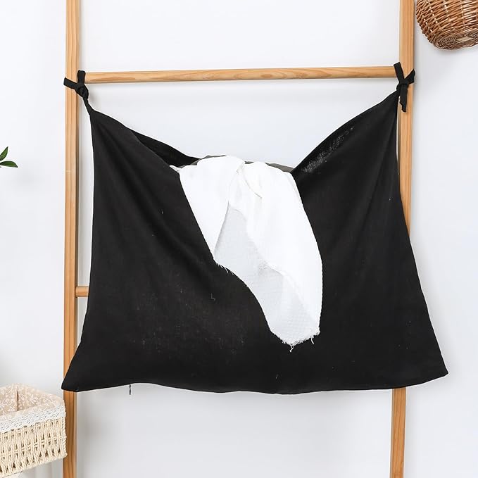 Hanging Linen Laundry Bag, 100% Pure Flax Linen Over The Door Hamper with Bottom Zipper for Laundry Room, Household Dirty Cloth Storage Organizer Bag, Black-Ruum Studio Home