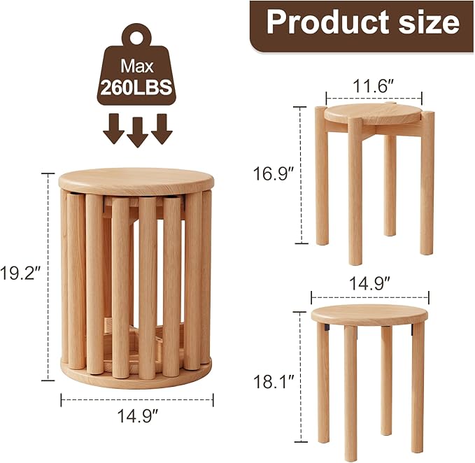 Stackable Stools Set of 4 Wooden Stools 18 Inch Stool Nesting Side Tables Nesting Coffe Table Sturdy and Durable,No Installation Required,Top Stackable Stool for Saving Space(Natural Bar stools)-Ruum Studio Home