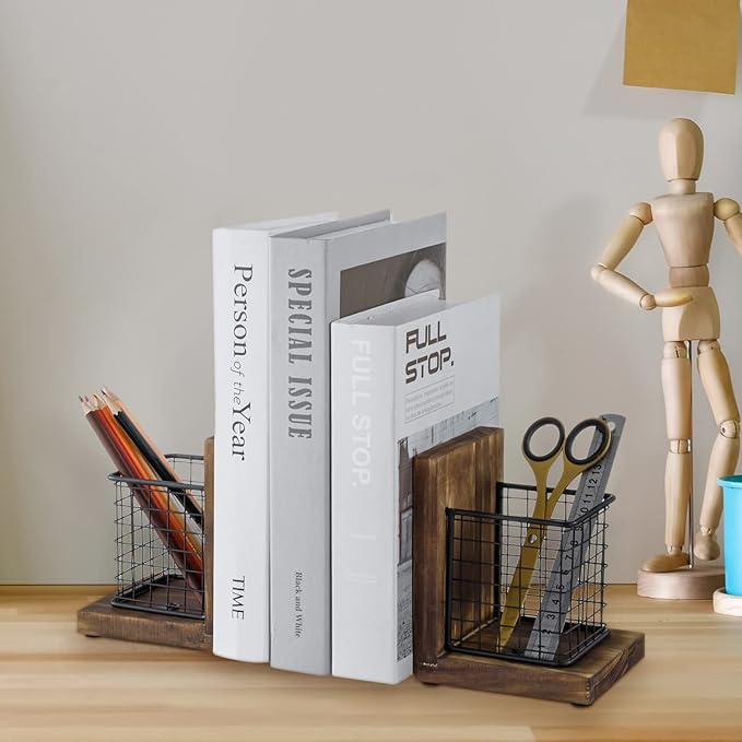 MyGift Rustic Burnt Wood Decorative Bookends for Heavy Books with Matte Black Metal Wire Basket Pencil Cup and Office Supplies Storage Baskets, 1-Pair-Ruum Studio Home