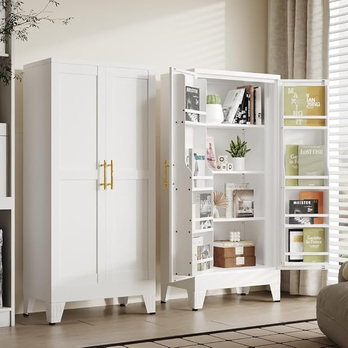 51" Kitchen Pantry Cabinet, Metal Storage Cabinet with 3 Adjustable Layer Shelves, 8 Door Shelves, Buffet Sideboard for Living Room, Kitchen, White-Ruum Studio Home