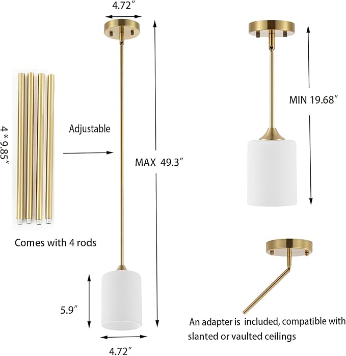 Modern Gold Pendant Light 3 Pack Brushed Brass Mid Century Chandelier White Cylinder Glass Shades Adjustable Rods Farmhouse Ceiling Hanging Lighting Fixture Kitchen Island Dining Room Bedroom-Ruum Studio Home