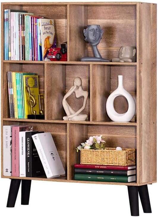 LEYAOYAO 7 Cube Bookshelf 3 Tier Modern Bookcase with Legs,Wood Book Shelves Storage Organizer Shelf,Free Standing Bookcases,Oak Display Bookshelves-Ruum Studio Home