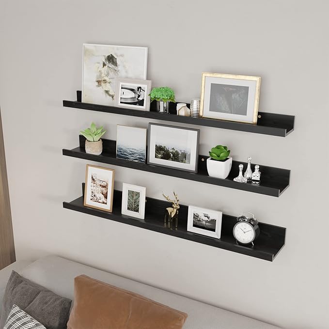 Giftgarden 36 Inch Black Floating Shelves for Wall Woodgrain Picture Ledge Large Photo Shelf for Bedroom Living Room Kitchen Bathroom Storage Shelving, Set of 3 Different Sizes-Ruum Studio Home