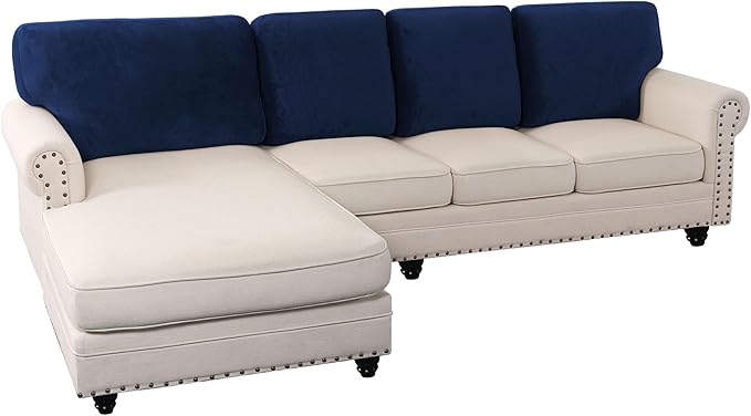 PrinceDeco Sectional Couch Covers Velvet Cushion Covers for Sectional Couch Washable Cushion Covers for Sectional Sofa Pet Friendly Sectional Sofa Slipcovers(1 Chaise Back+ 3 Sofa Back,Navy)-Ruum Studio Home