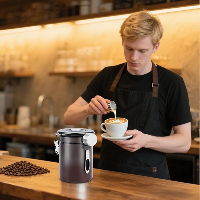 Coffee Canister Airtight Storage Container Stainless Steel Coffee Jar with Scoop,Date Tracker CO2 Release Valve for Dry Food Beans Ground Tea Flour Cereal and Sugar (1.8L Grey-Brown With Spoon(2pcs))-Ruum Studio Home