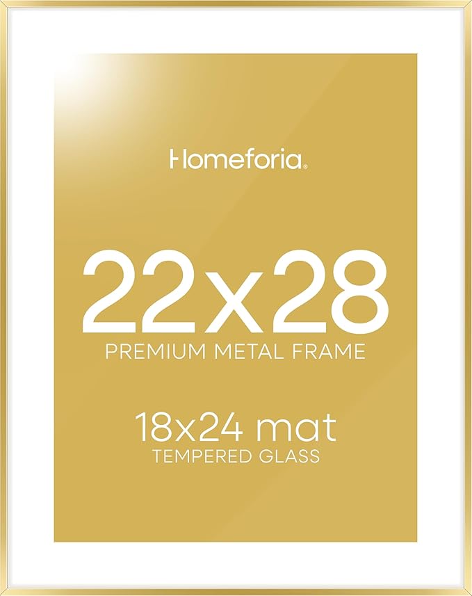 Homeforia 22x28 Picture Frame Gold, High End Metal 22 x 28 Large Poster Frames with Mat 18 by 24 for Photo, 22x28 Gold Frame Matted to 18x24 inch Print, 28x22 Frame, Tempered Glass, Wall Kit, Set of 1-Ruum Studio Home