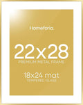 Homeforia 22x28 Picture Frame Gold, High End Metal 22 x 28 Large Poster Frames with Mat 18 by 24 for Photo, 22x28 Gold Frame Matted to 18x24 inch Print, 28x22 Frame, Tempered Glass, Wall Kit, Set of 1-Ruum Studio Home