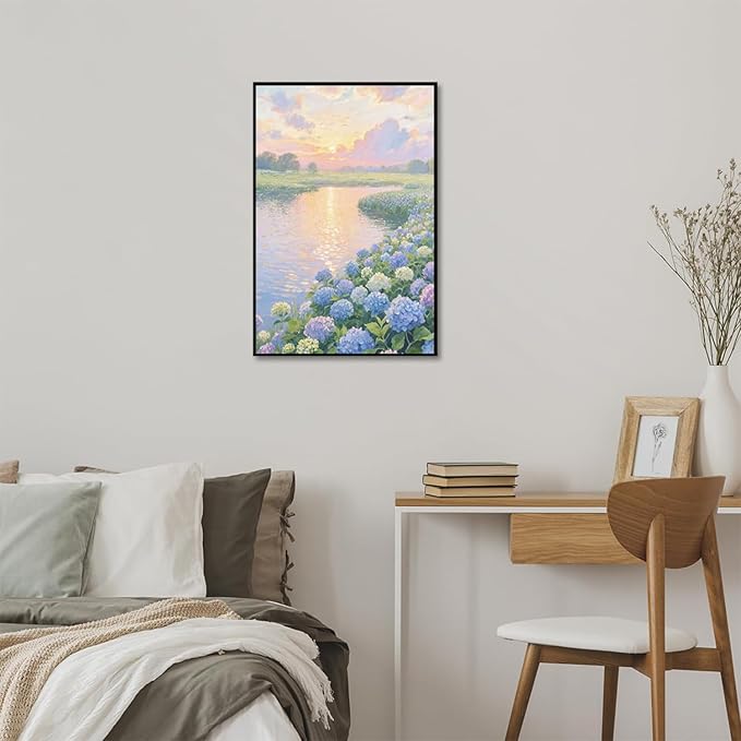 The hydrangea scenery all over the lake at sunset is suitable for posting in the living room bedroom office landscape poster wall painting-Ruum Studio Home
