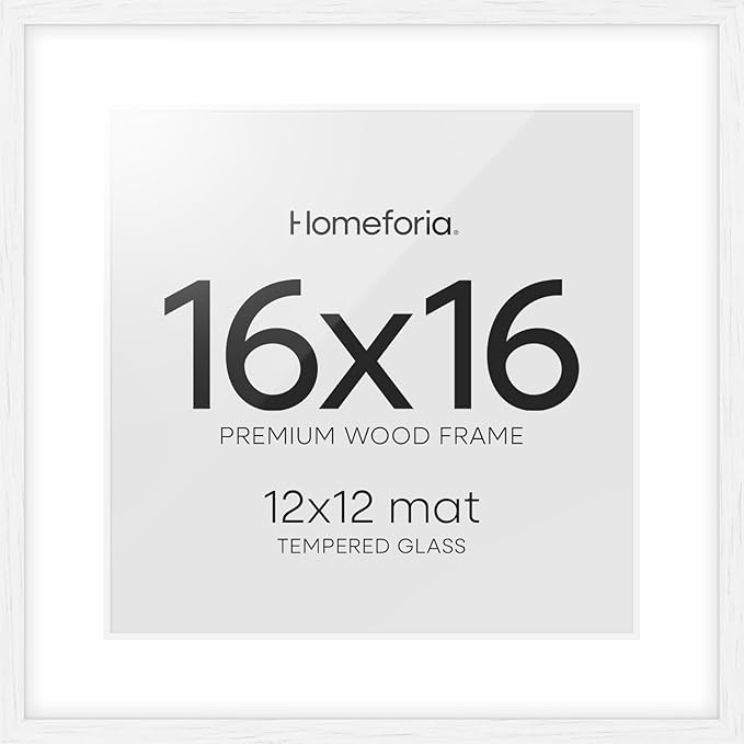 Homeforia 16x16 White Picture Frame, High End Oak 16 x 16 Square Wood Frames with Mat 12 by 12 inches Photo, 16by16 White Wooden Poster Frames Matted to 12x12 Print, Tempered Glass, Wall Kit, Set of 1-Ruum Studio Home
