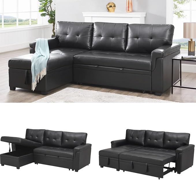 Naomi Home Modern Sectional Sofa with Storage Chaise Black/Air Leather-Ruum Studio Home