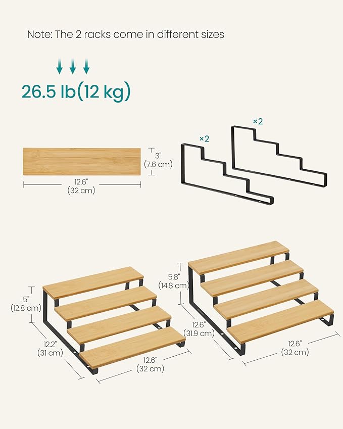 SONGMICS Display Risers, Set of 2 Engineered Wood Perfume Organizer Stand, 4-Tier Cupcake Stand Holder, Spice Rack, Shelf Risers for Figures, Dessert Shelves, Natural Beige and Ink Black UKCS216N01-Ruum Studio Home