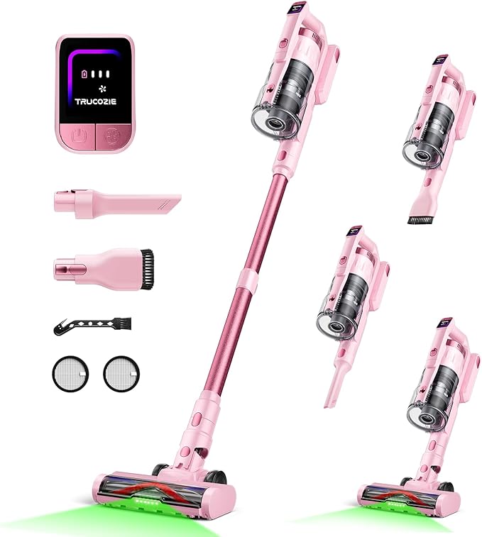 Cordless Vacuum Cleaner for Home, Upgraded 60Kpa Powerful Suction Pet Hair Vacuum with 70min Runtime, Green LED Light for Hardwood Floors & Carpet, Self-Standing Rechargeable Stick Vacuum, Pink-Ruum Studio Home