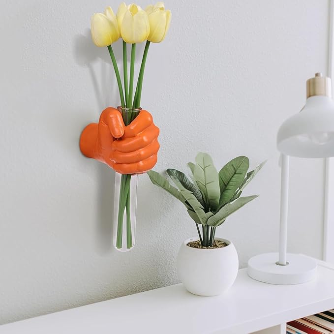 Orange Wall Sculptures, Hand Vases Home Decor, Wall Mount Art Sculpture, Unique Wall Art Statue, Funky Flower Vase Decorations, Modern Eclectic Hanging Decor,Glass Test Tube Vase (Orange)-Ruum Studio Home