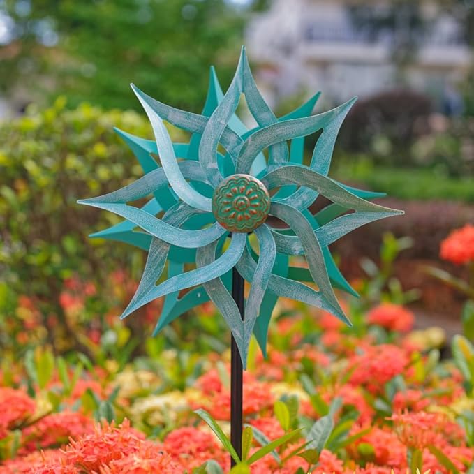 Viveta Metal Wind Spinners,53.5" Kinetic Wind Sculptures,Green Garden Pinwheels Double Layer Windmill for Outdoor Patio Lawn Yard-Ruum Studio Home