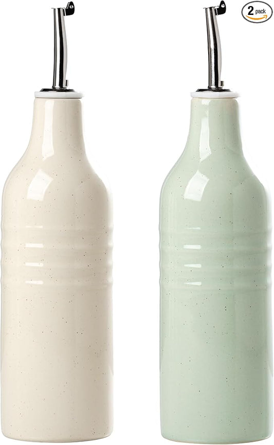 famiware Jupiter 16oz Ceramic Olive Oil Dispenser Bottle, Olive Oil and Vinegar Dispenser Bottle Set of 2 with Stainless Steel Pourers, Suitable for Storage Vinegar, Vanilla White & Light Green-Ruum Studio Home
