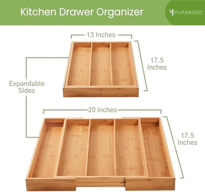 Purawood Kitchen Drawer Organizer - Expandable Utensil Drawer Organizer for Kitchen, Cutlery Tray & Silverware Organizer, 3-5 Slots - Bamboo Organizer for Utensils & Flatware (Natural)-Ruum Studio Home