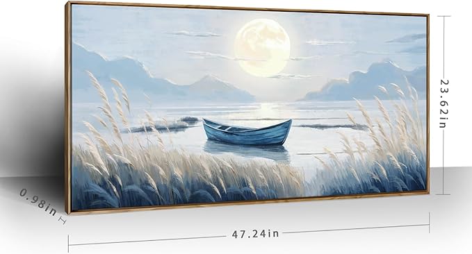 amatop Large Framed Wall Art Bedroom Living Room Decor Blue Boat Moonlight Coastal Seascape Picture Landscape Decorative Canvas Print Tranquil Night Ocean Lake Scene Artwork Nautical Wall Decor 48x24-Ruum Studio Home