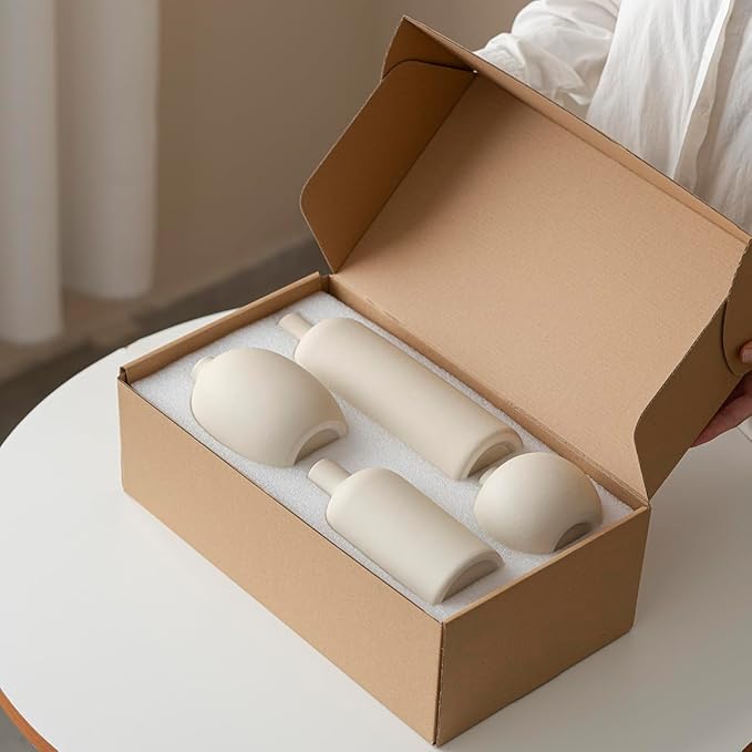 Modern Ceramic Vase Set, Neutral Colors, Decorative Vases for Home Decor, 4 Piece Collection (Beige)-Ruum Studio Home